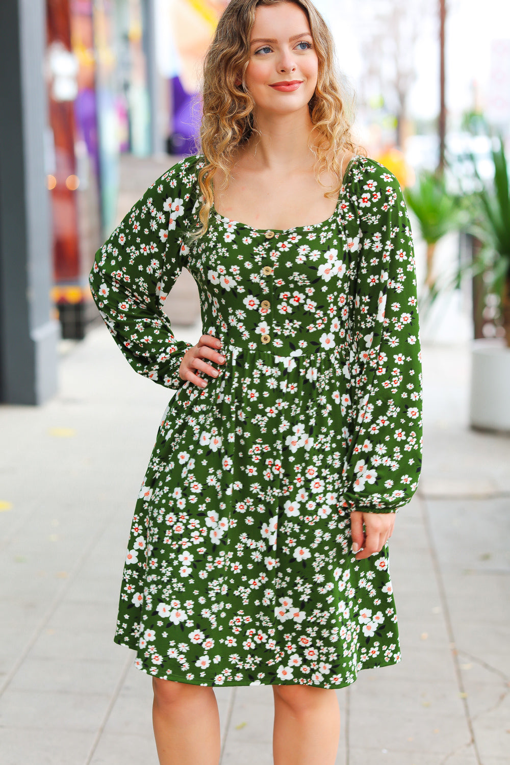 Positive Perceptions Olive Ditsy Floral Square Neck Dress