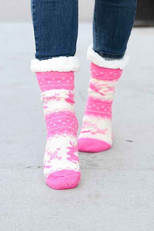 Hot Pink Reindeer Sherpa Traction Bottom Slipper Socks