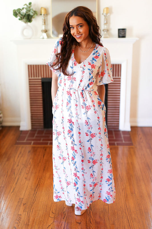 Red/Blue Floral Swiss Dot Chiffon Foil Maxi Dress