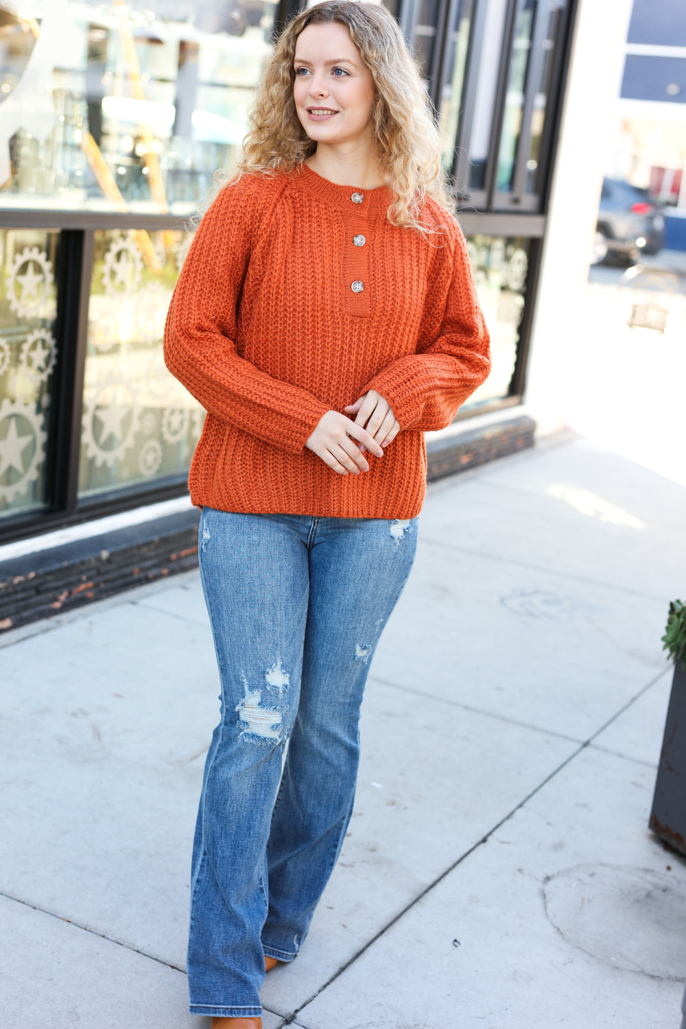 Better Than Ever Rust Loose Knit Henley Button Sweater