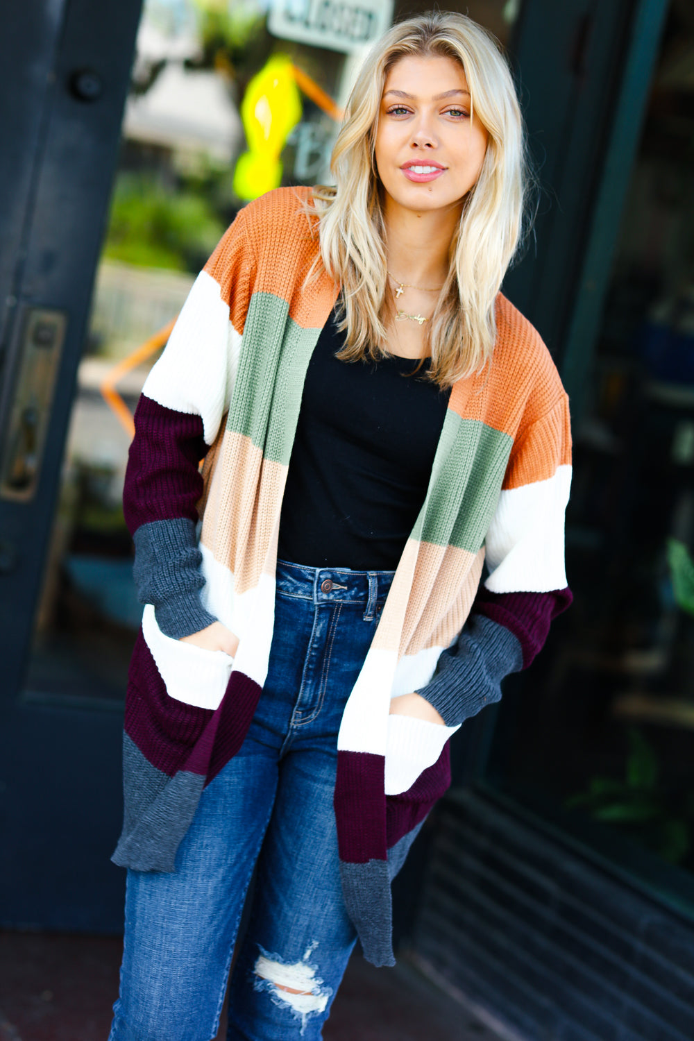 Perfectly You Plum & Olive Color Block Open Cardigan