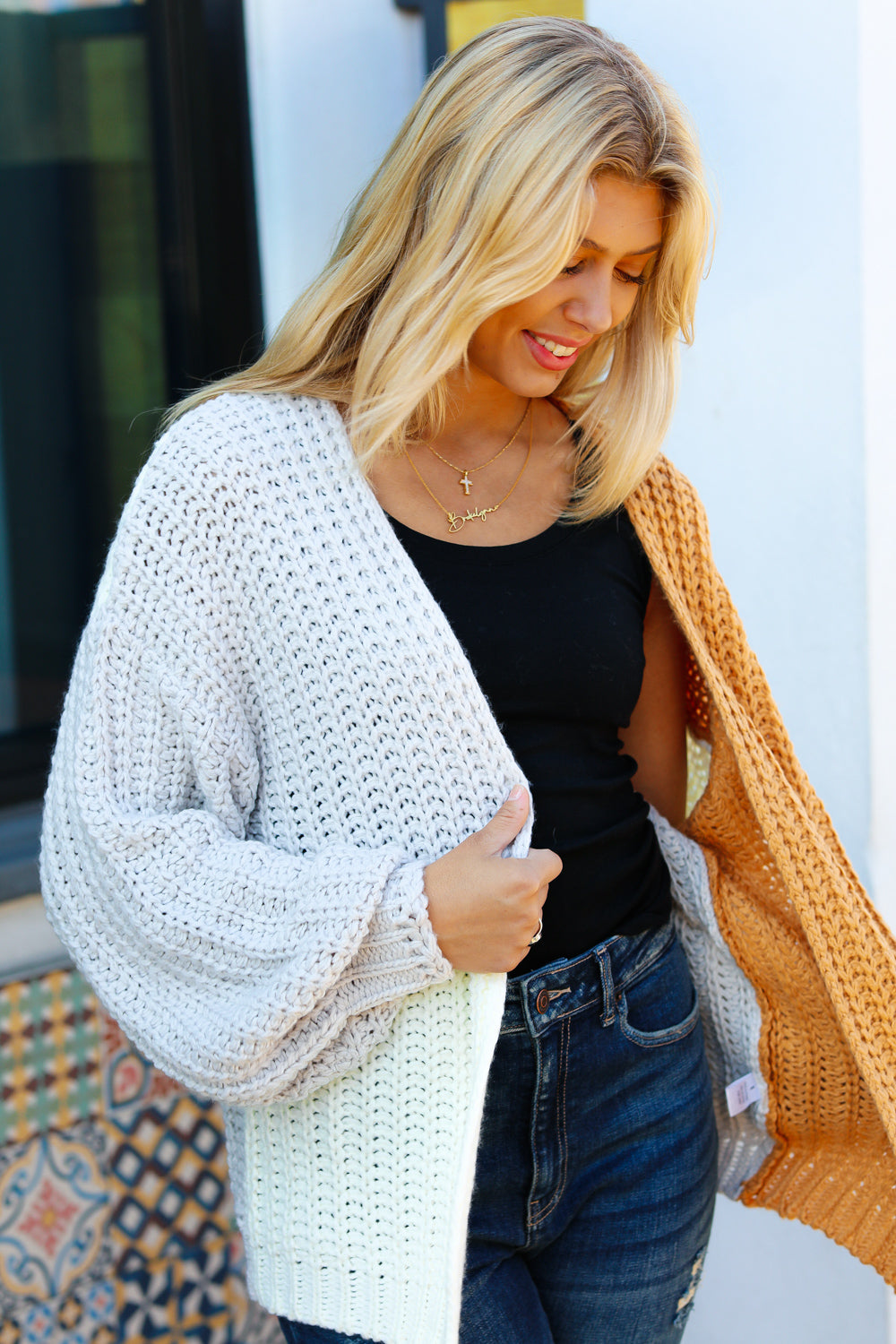 Face The Day Camel Color Block Chunky Knit Cardigan