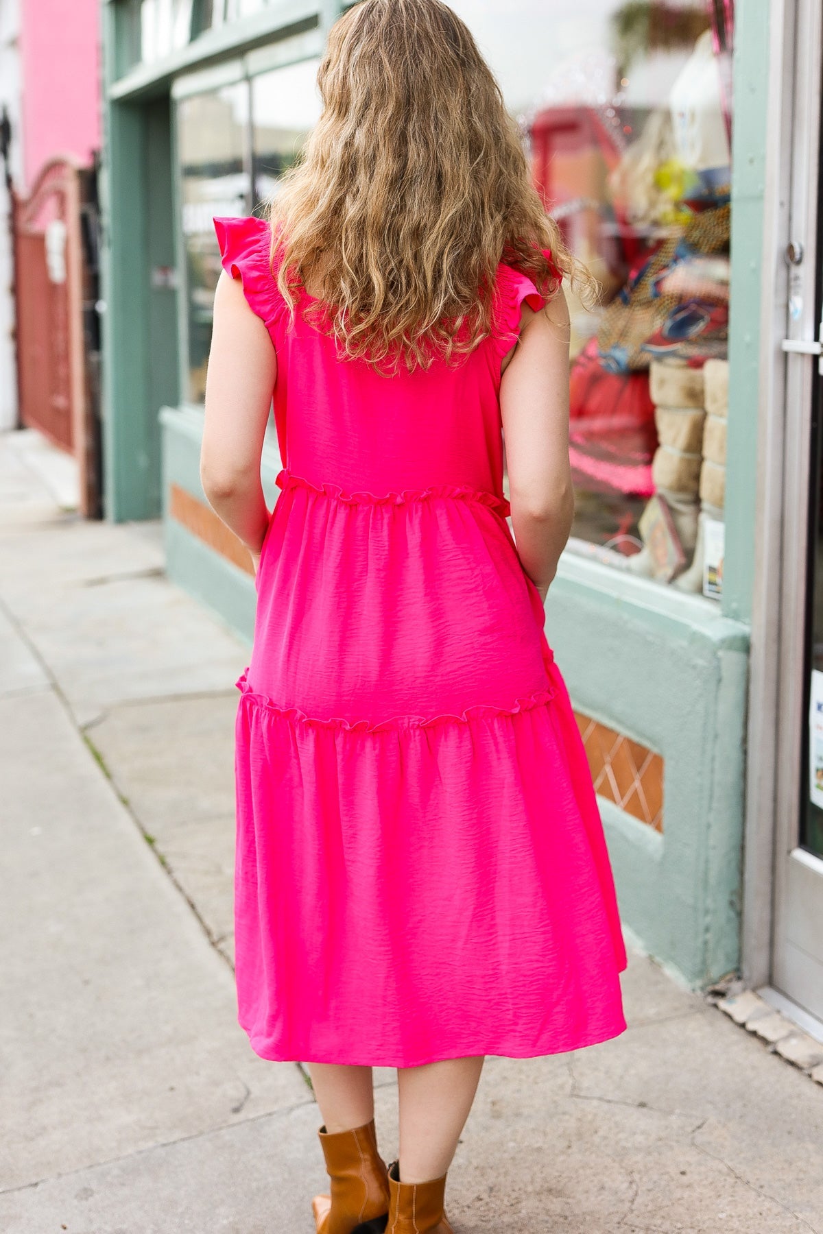 Lots To Love Fuchsia Smocked Flutter Sleeve Tiered Midi Dress