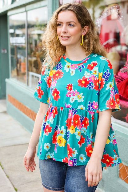 Take Me Away Teal Floral Drop Shoulder Babydoll Top