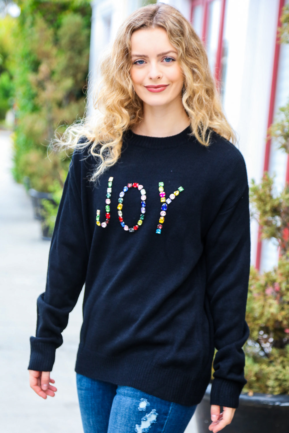 Give Back JOY Jewel Beaded Black Sweater