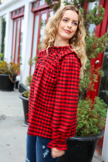 Adorable in Red Gingham Shirred Mock Neck Top