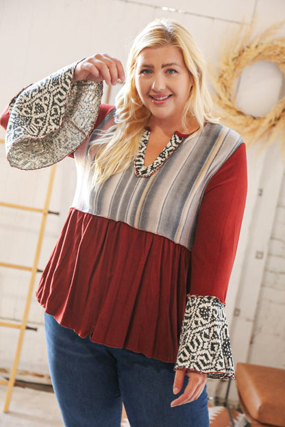 Berry Hacci Aztec Multistripe Outseam Bell Sleeve Top