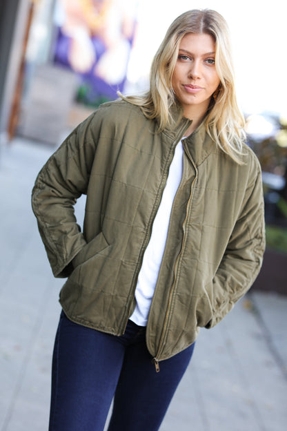 City Streets Olive Cotton Quilted Zip Up Jacket