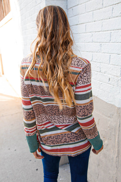 Animal Print and Stripe Notched Neck Knit Pullover