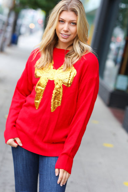 All I Want Red Sequin Bow Embroidery Knit Sweater