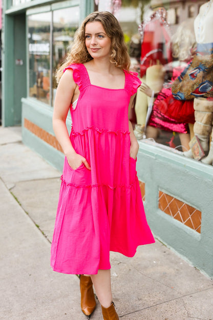 Lots To Love Fuchsia Smocked Flutter Sleeve Tiered Midi Dress