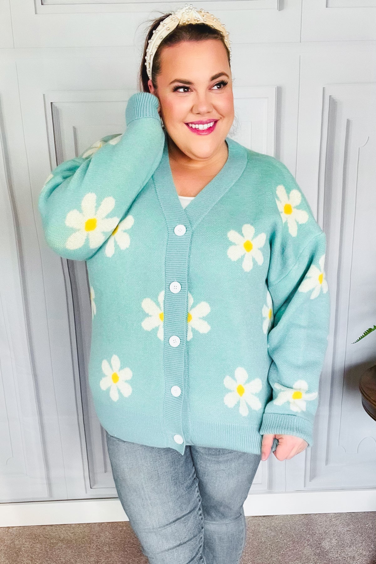 All For Love Mint Daisy Print Button Down Knit Cardigan