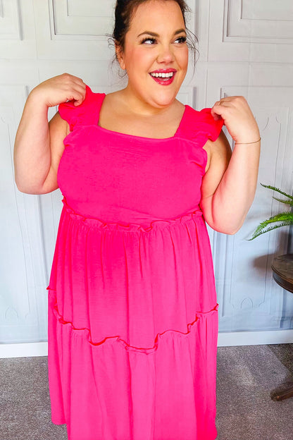 Lots To Love Fuchsia Smocked Flutter Sleeve Tiered Midi Dress