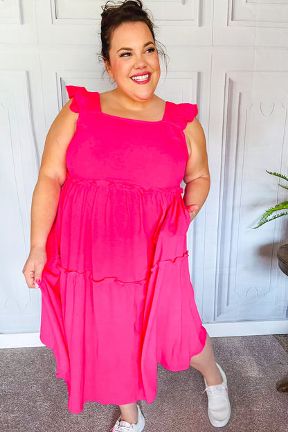 Lots To Love Fuchsia Smocked Flutter Sleeve Tiered Midi Dress