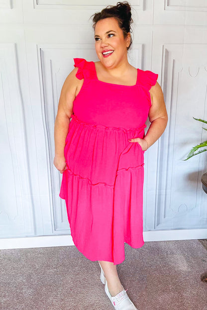 Lots To Love Fuchsia Smocked Flutter Sleeve Tiered Midi Dress