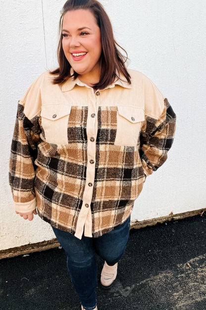 Adorable Taupe Corduroy & Plaid Sherpa Button Jacket