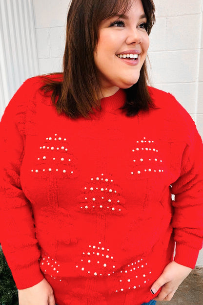 More The Merrier Red Pearl Christmas Tree Jacquard Sweater