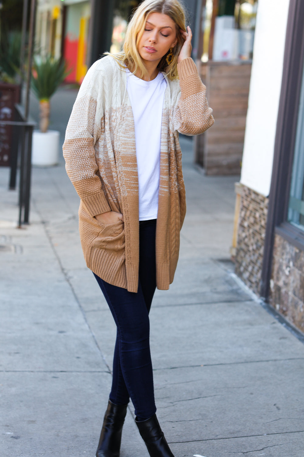Camel Ombre Cable Knit Open Cardigan