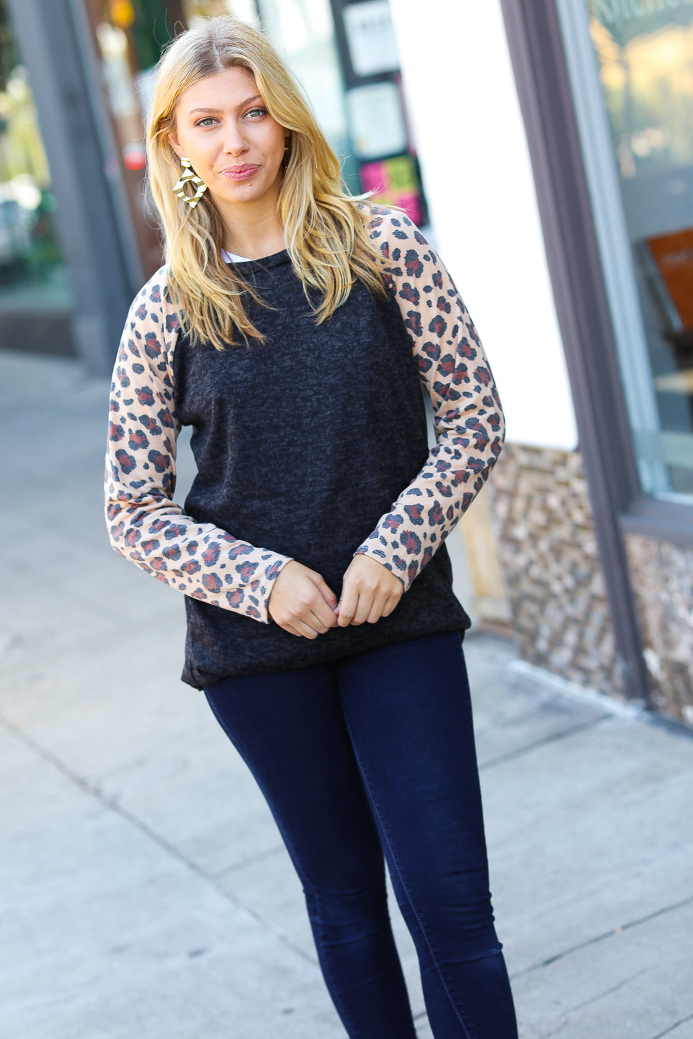 Black Hacci Sweater Knit Long Leopard Sleeve Pullover