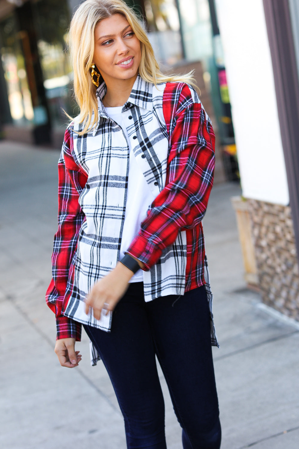 Holiday Red & White Plaid Color Block Hi Lo Shacket